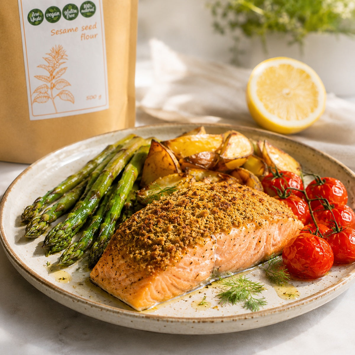 Roast salmon with a crust of sesame seed flour, served with asparagus, potatoes and cherry tomatoes.