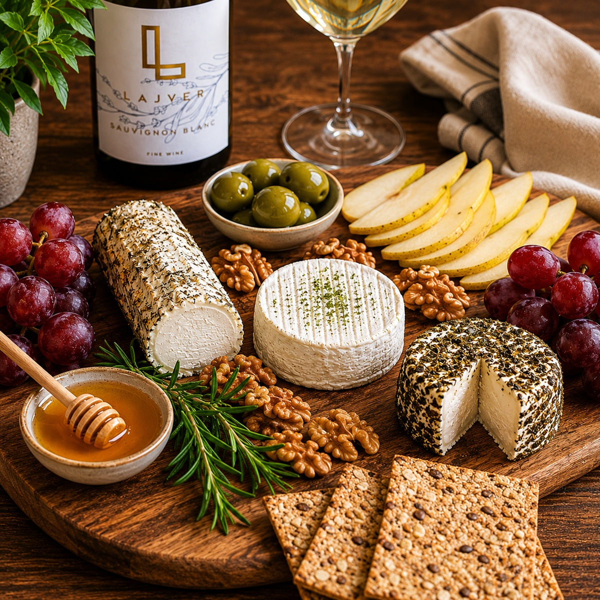 Wooden cheese board with assorted goat cheese, fruits, and crackers paired with a bottle of Sauvignon Blanc wine.