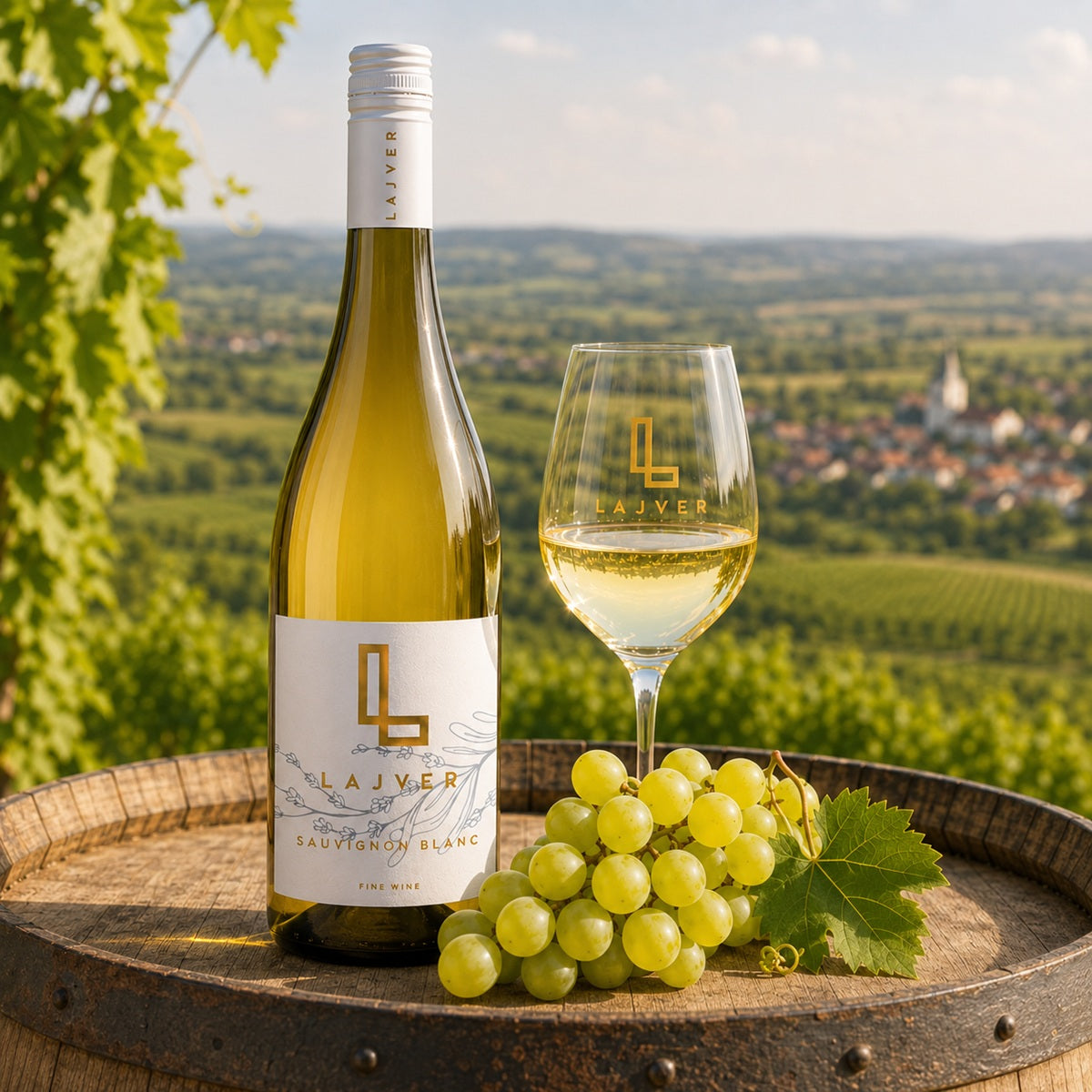 Bottle of Lajver Sauvignon Blanc wine with a glass of white wine and Sauvignon Blanc grapes on a barrel.