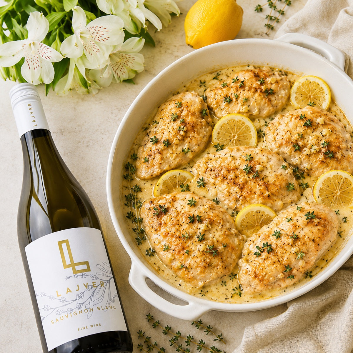 Lemon and garlic chicken in a white dish next to a bottle of Sauvignon Blanc wine on a light surface with flowers.