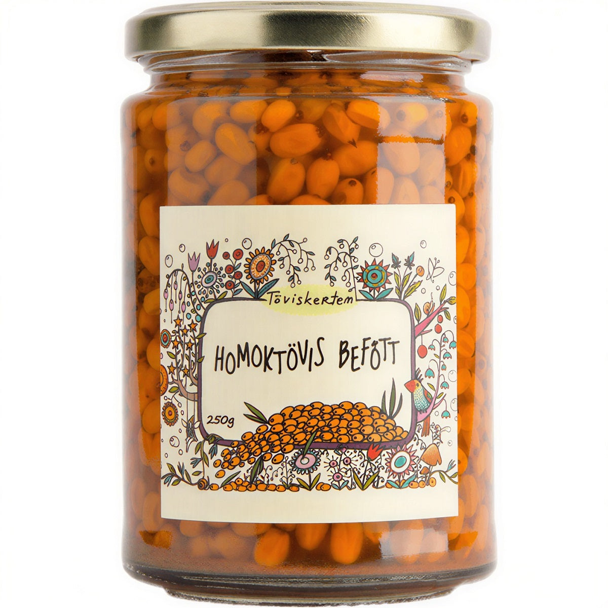 Jar of sea buckthorn compote made with organic berries.