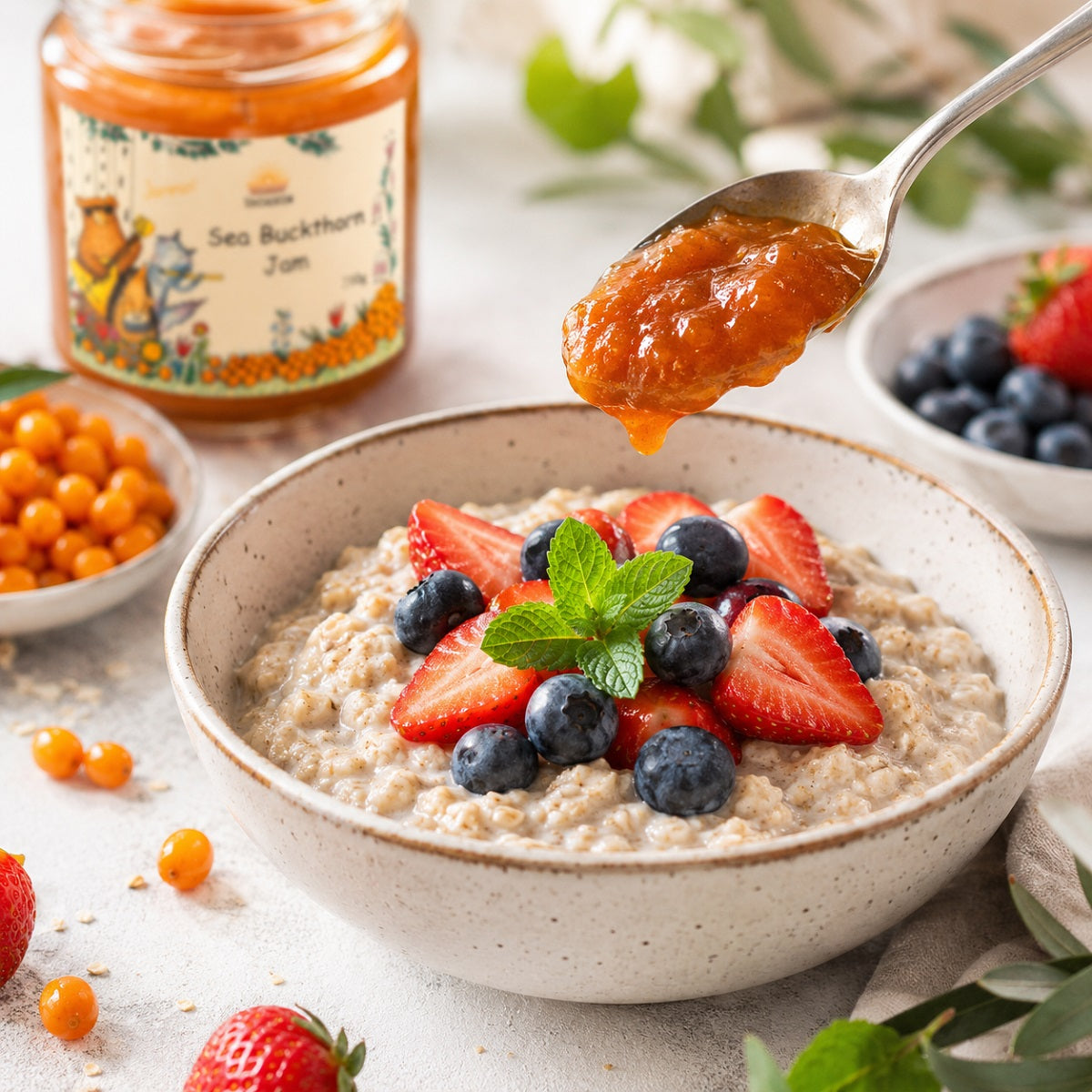 Bowl of porridge with berries and a spoonful of sea buckthorn jam on a light background