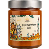 Jar of sea buckthorn jam, this healthy fruit preserve is made from organic berries.