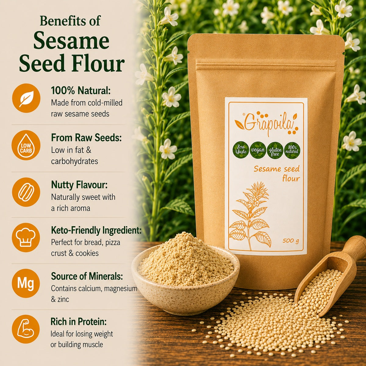Infographic showing the health and nutritional benefits of using sesame seed flour.
