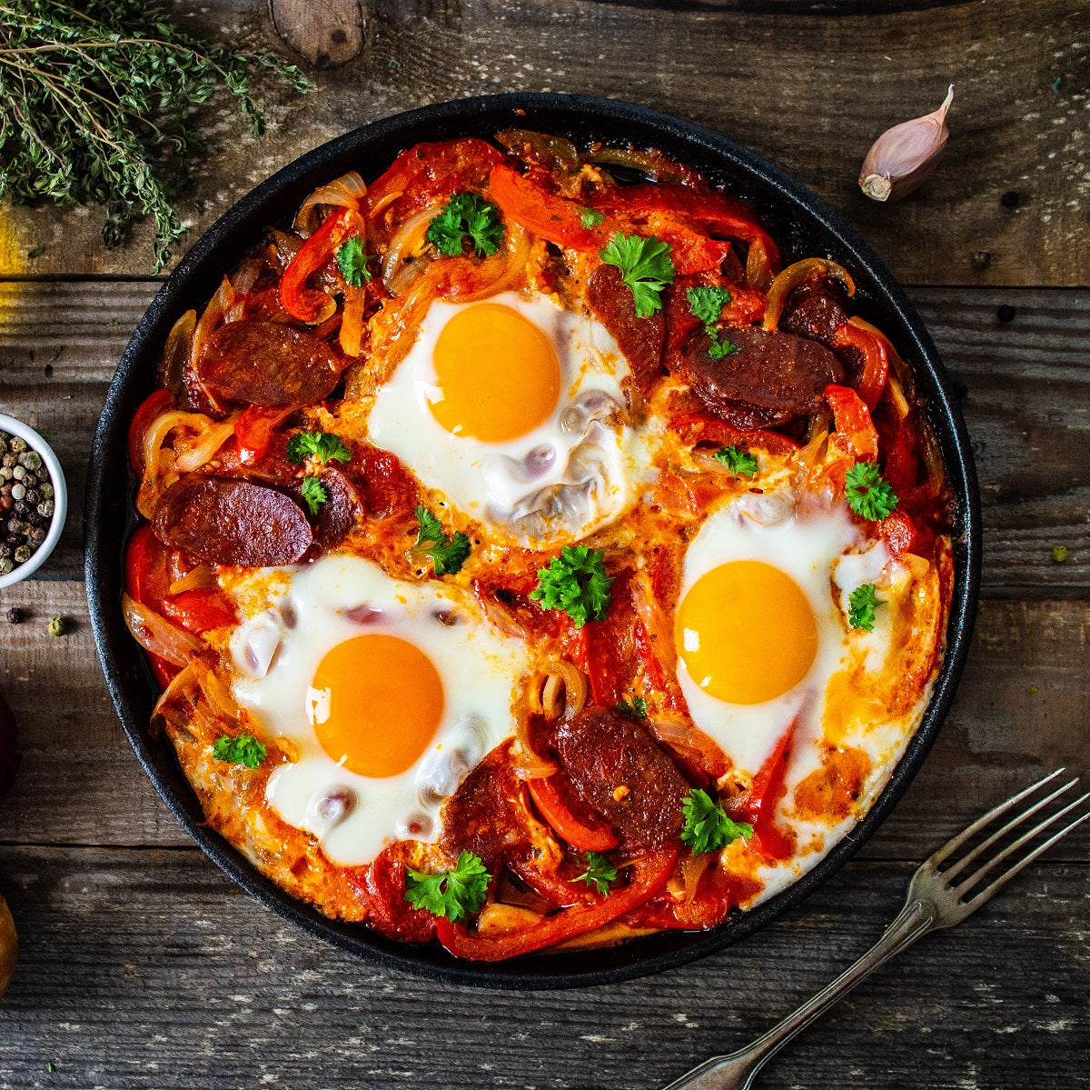 Skillet of shaksuka with eggs, chorizo, and vegetables on a wooden surface