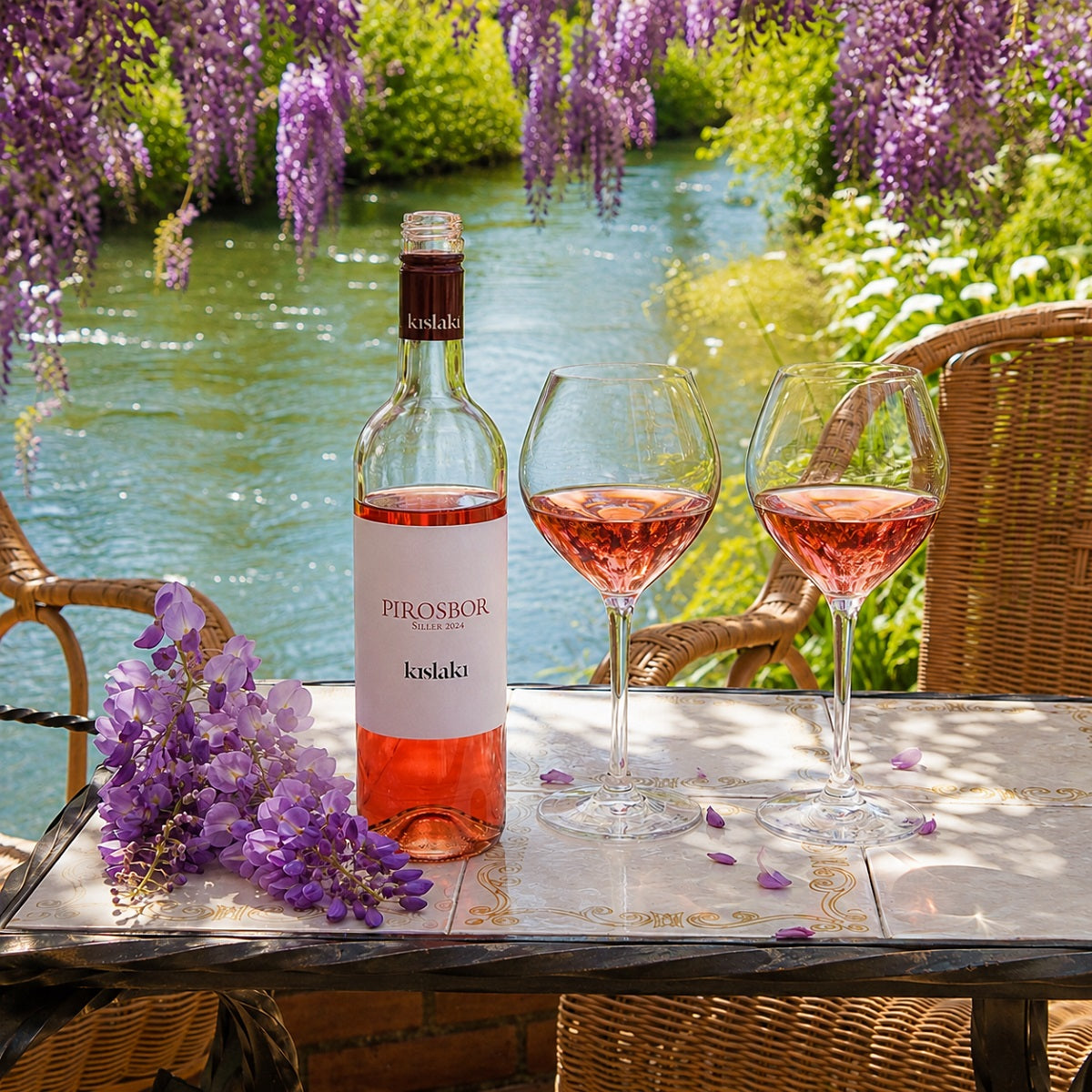 Two glasses of siller wine on a table with wisteria flowers by a river