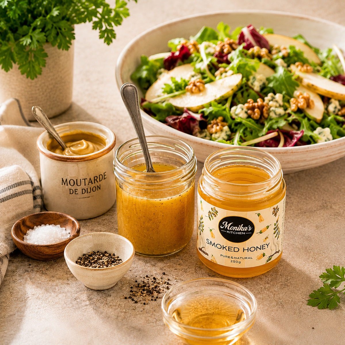 Salad with a dressing made with mustard, smoked honey, oil, vinegar, salt and black pepper.