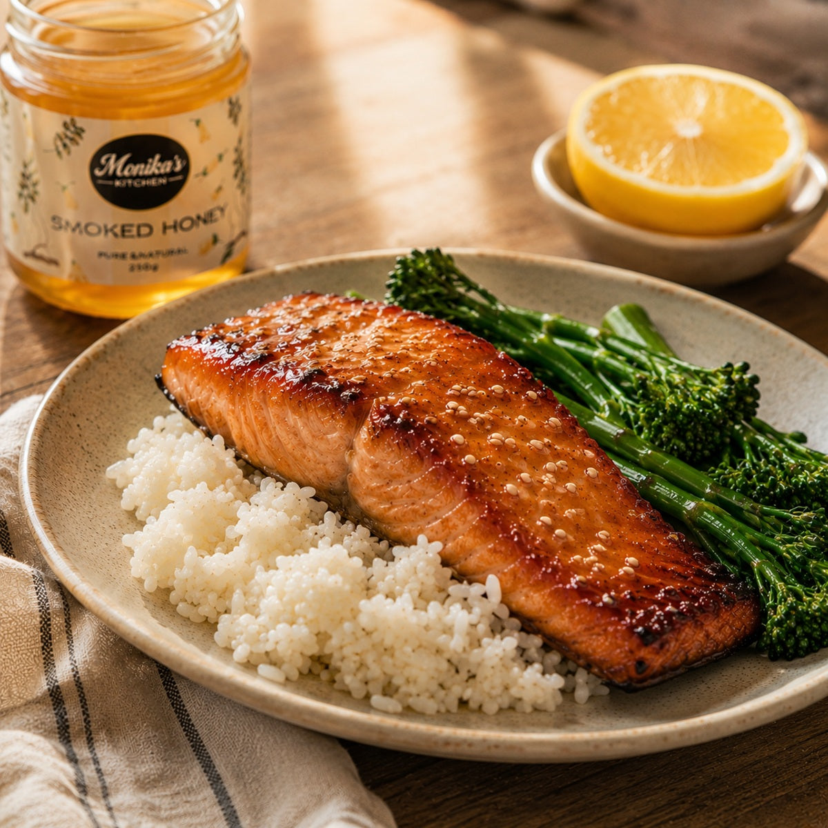 Plate of honey-glazed salmon with rice and broccolini, Monika's Smoked Honey jar in the background