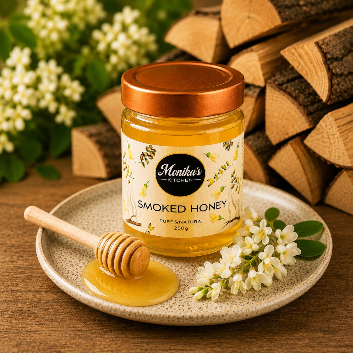Jar of smoked honey with a dipper on a wooden surface with acacia flowers and beechwood logs.