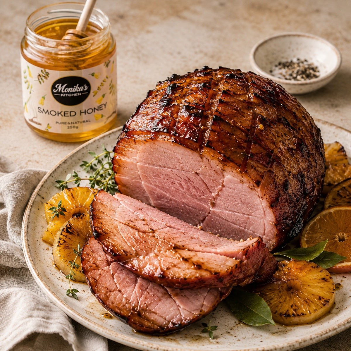 Sliced roasted gammon ham on a plate with a jar of smoked honey and pineapple slices.