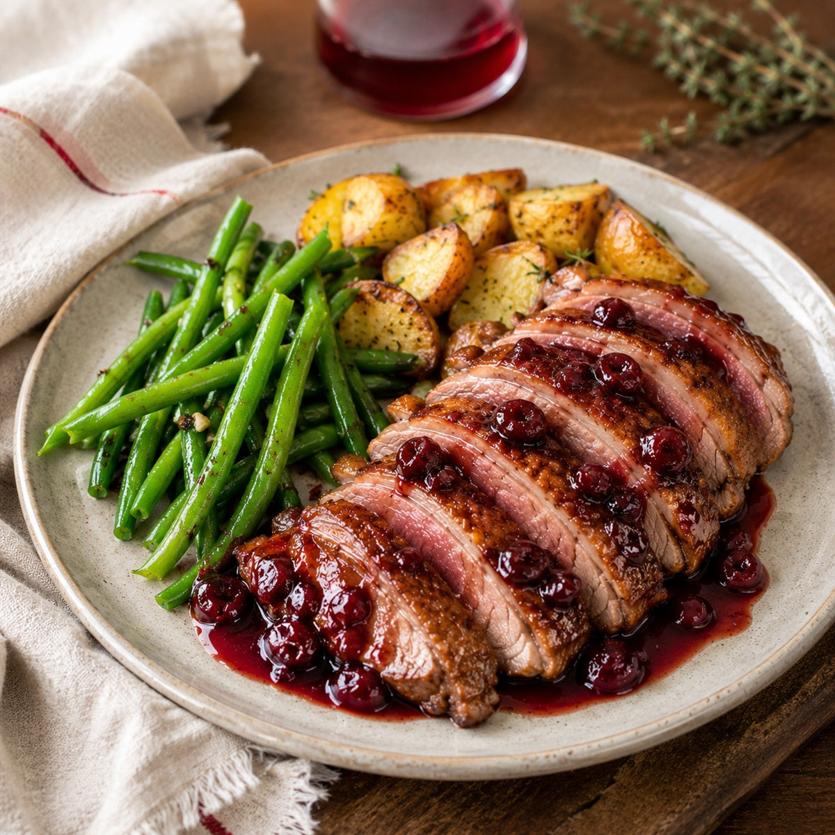A plate of roasted duck breast with a sour cherry jam sauce, steamed green beans and roast potatoes.