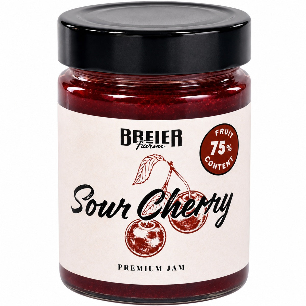 Jar of Breier Premium Sour Cherry Jam with a black lid on a white background