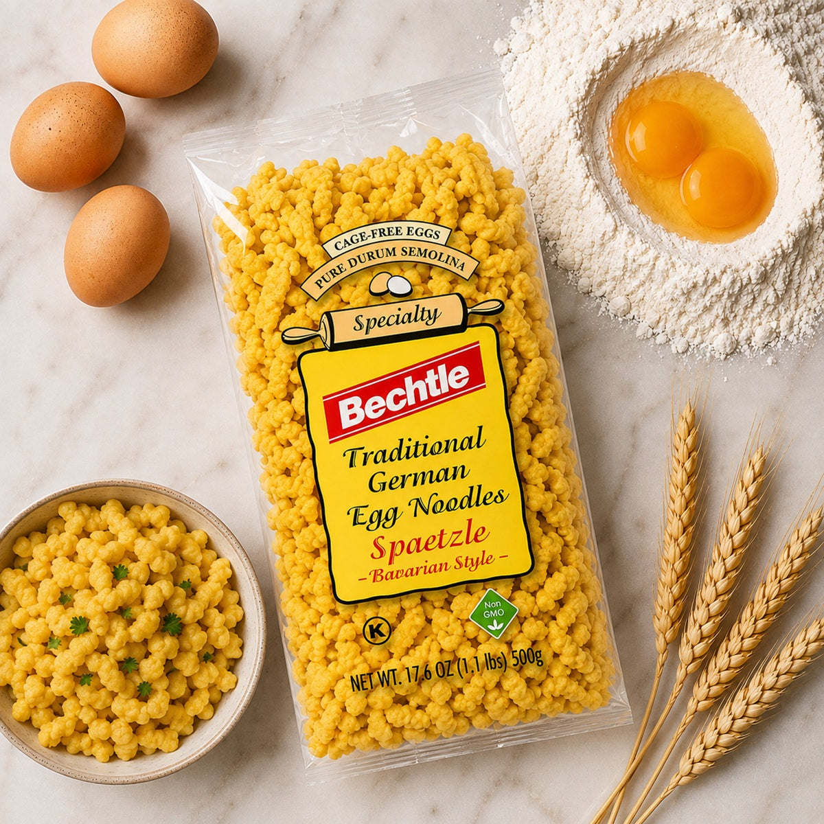 A package of Bechtle Traditional German Egg Noodles (Spaetzle) with fresh eggs and durum wheat semolina.