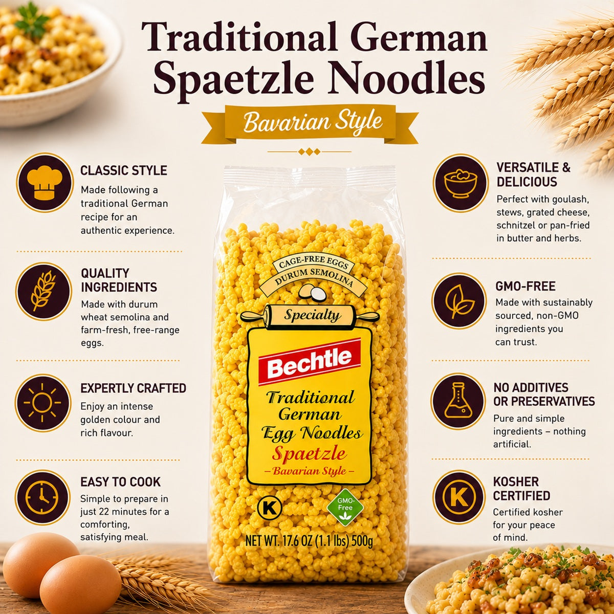 A package of Bechtle Traditional German Spaetzle Noodles prepared in a Bavarian Style, with information.