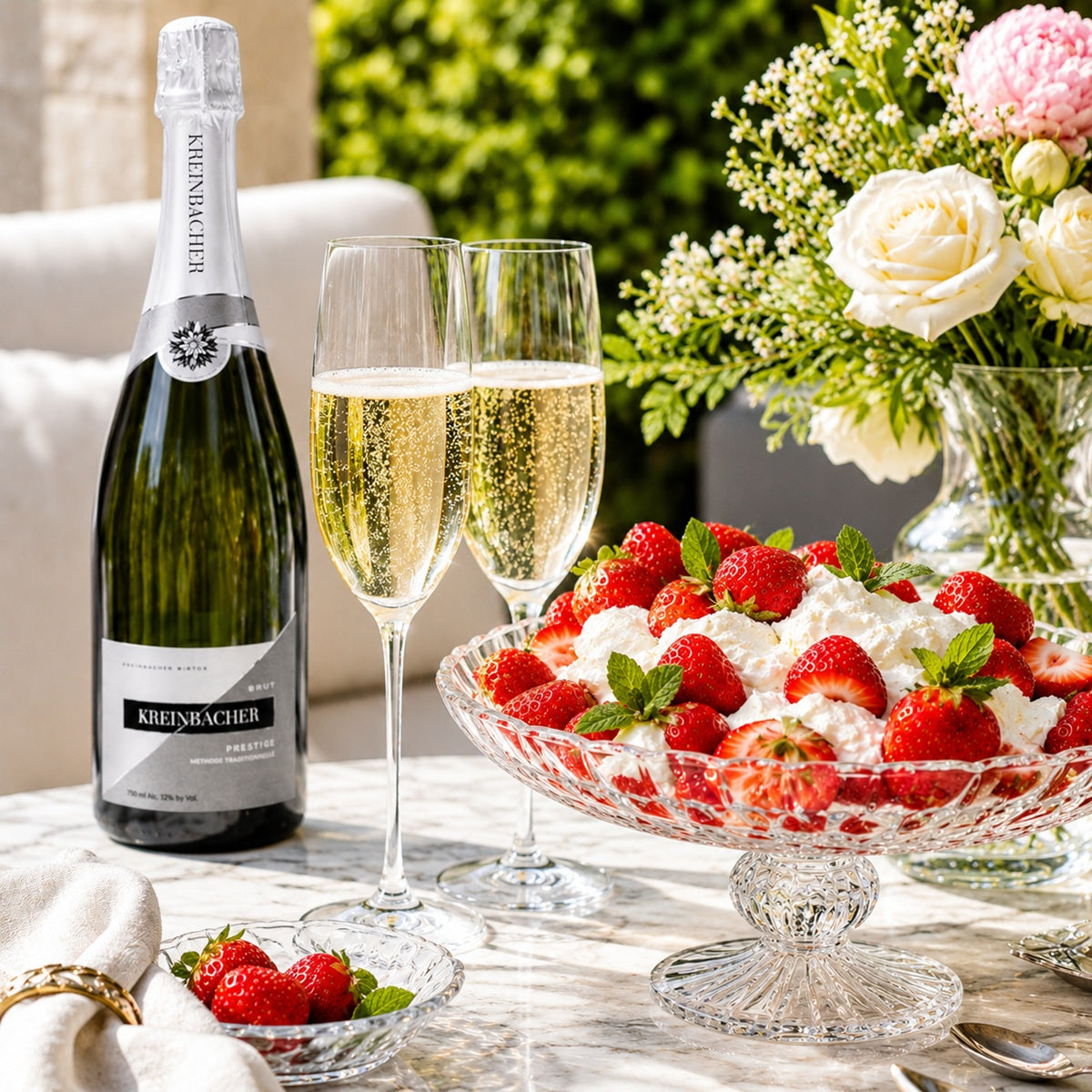 Bottle of Kreinbacher sparkling wine with two glasses and a strawberry dessert on a table.