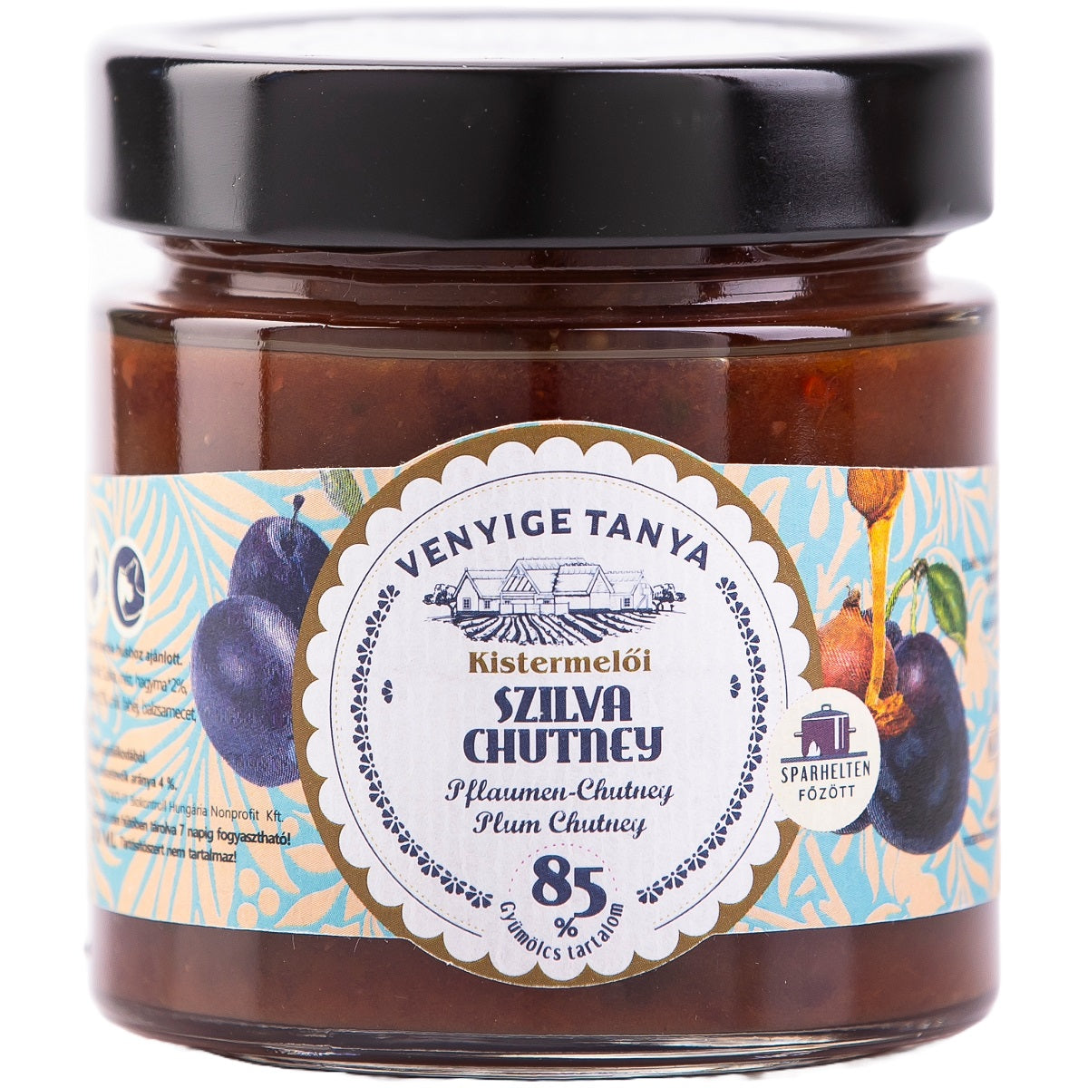 A jar of spiced plum chutney made with fresh fruit using a traditional recipe.