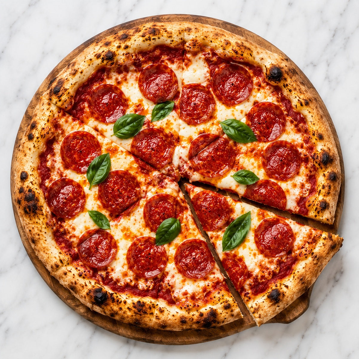 Spicy salami pizza with cheese and basil leaves on a marble surface.