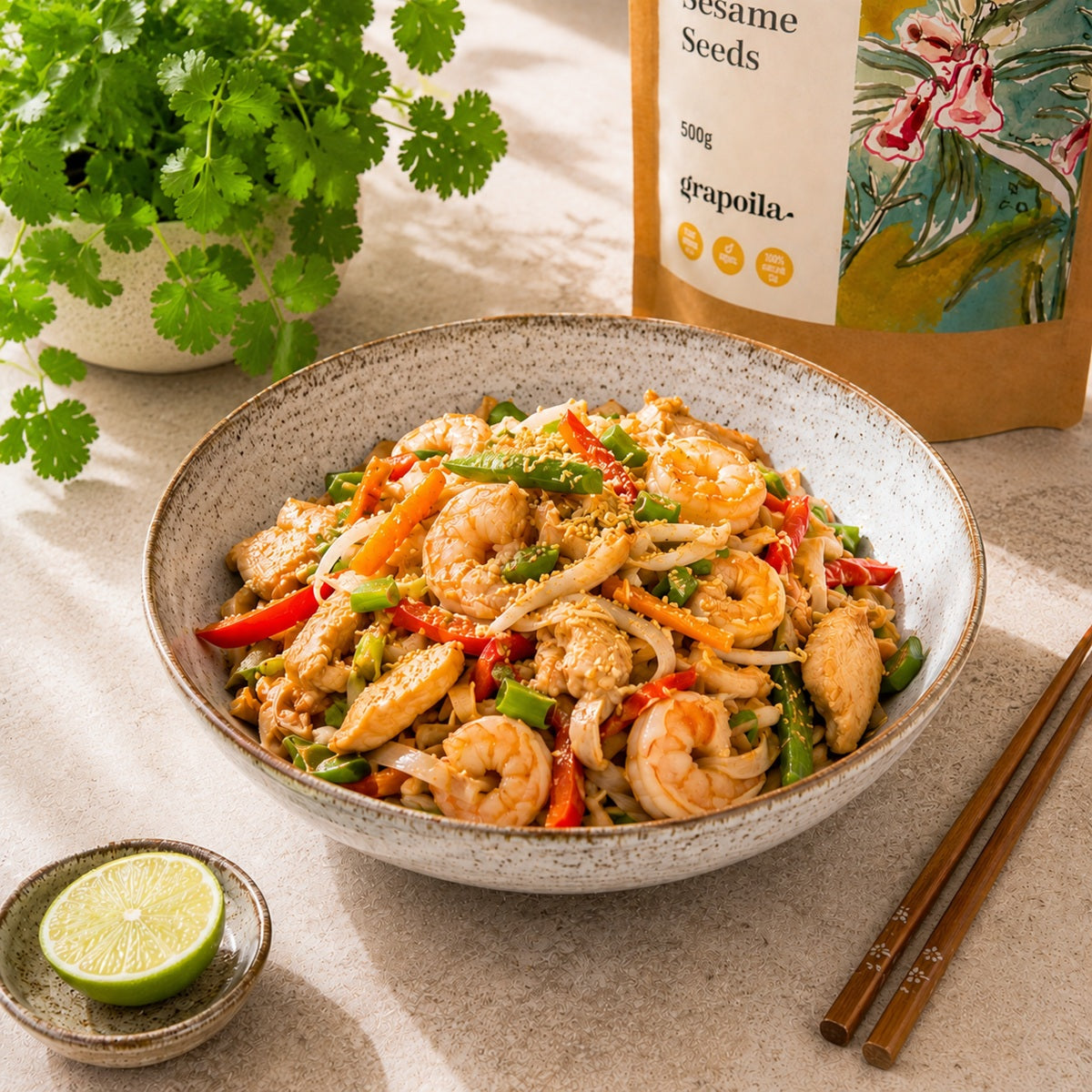 Bowl of Asian stir-fry noodles with prawns and vegetables, topped with ground sesame seeds. 