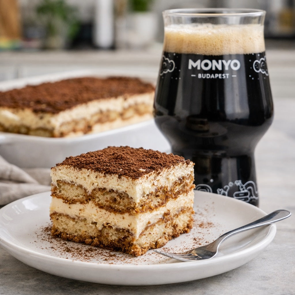 Plate of Tiramisu cake with a glass of craft stout beer in the background.