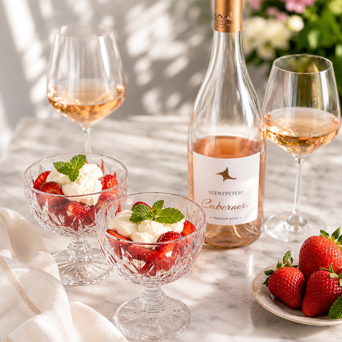 A bottle of rosé wine with two glasses, paired with dessert bowls with strawberries and cream.
