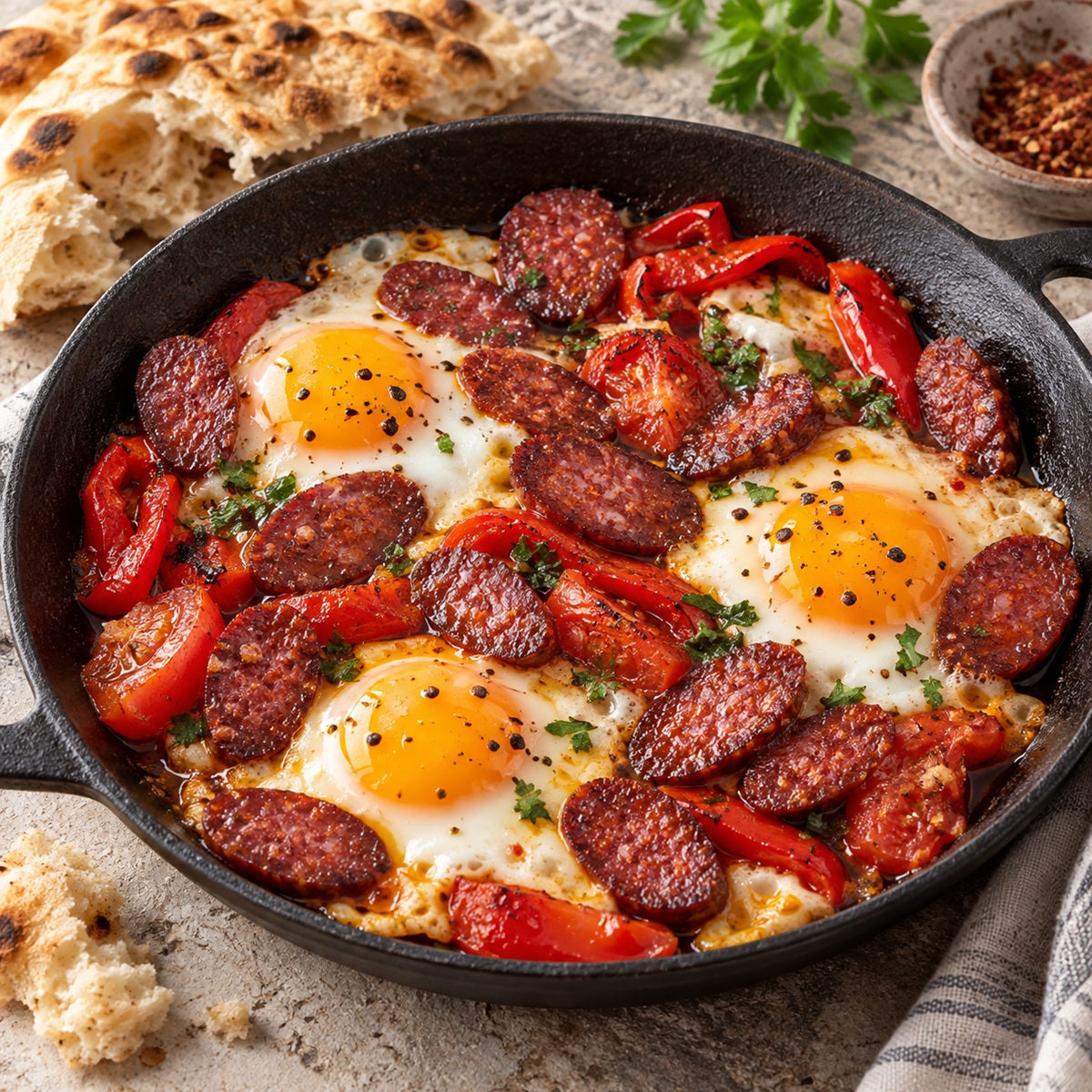 Fried eggs with sliced Bosnian sujuk, peppers and flatbread in a skillet.