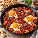 Fried eggs with sliced Bosnian sujuk, peppers and flatbread in a skillet.