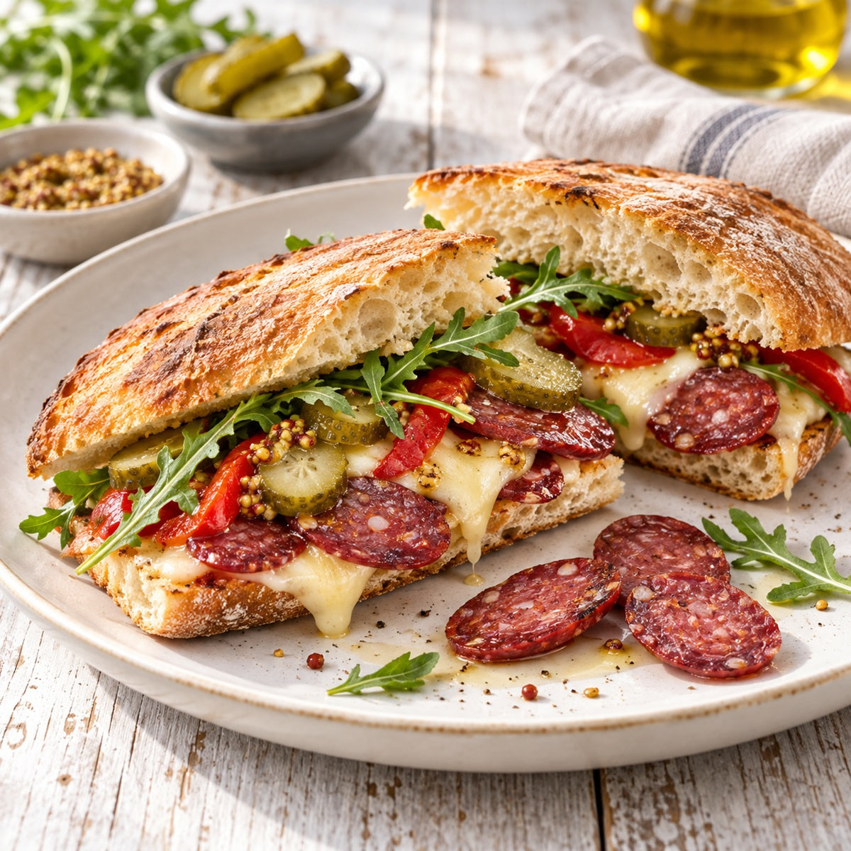 Toasted ciabatta sandwich with Bosnian sujuk, melted cheese, pickles and peppers.