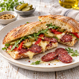 Toasted ciabatta sandwich with Bosnian sujuk, melted cheese, pickles and peppers.