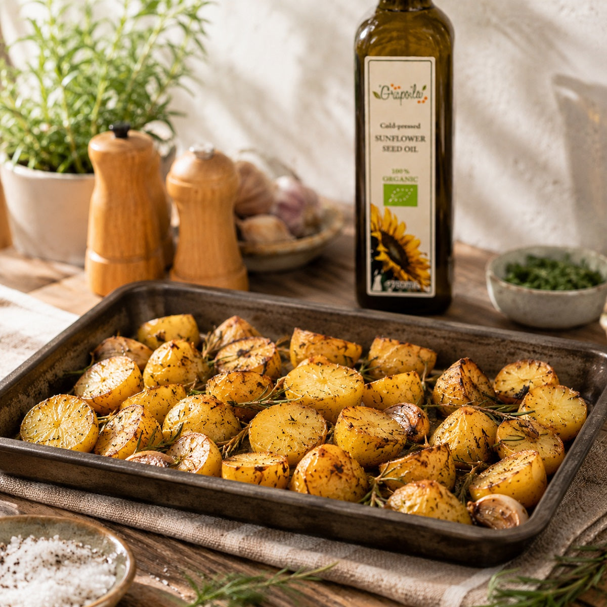 Roasted potatoes on a baking tray with a bottle of sunflower seed oil in the background.