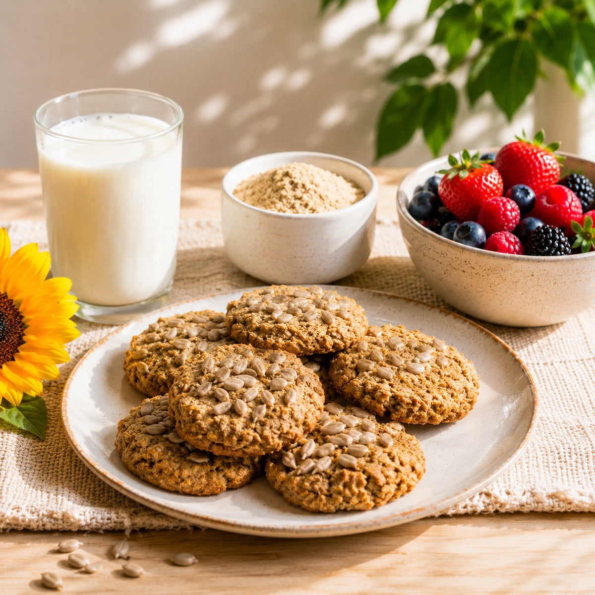 Plate of sunflower seed cookies made from ground sunflower seeds, with a glass of milk and a bowl of berries.