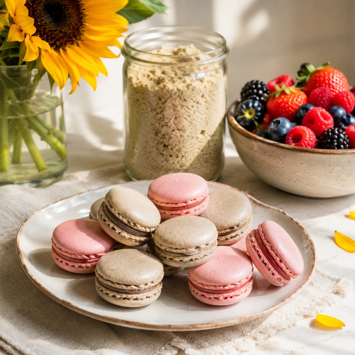 Plate of pink and light-brown macarons made with sunflower seed flour.