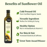 An infographic showing the health and nutritional benefits of eating and using cold pressed organic sunflower seed oil.