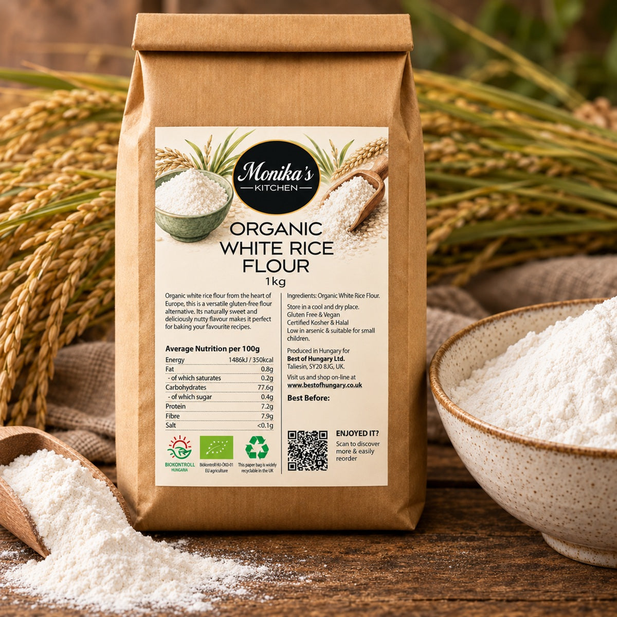 A bag of organic white rice flour with some superfine white rice flour around it.