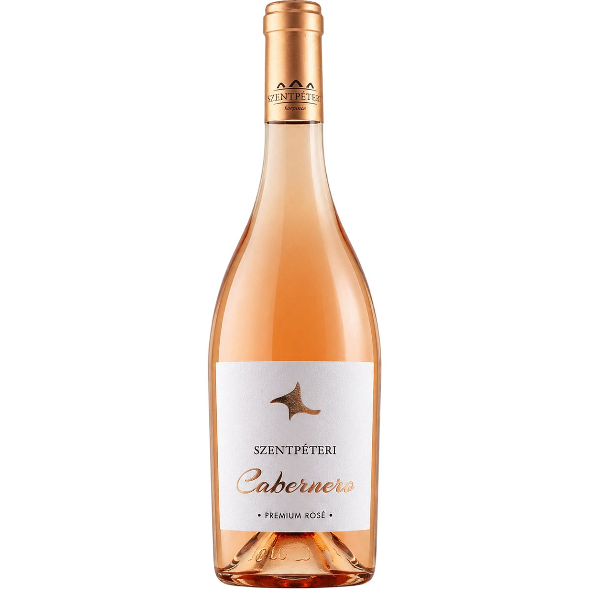 Bottle of Szentpeteri CaberNero rose wine on a white background