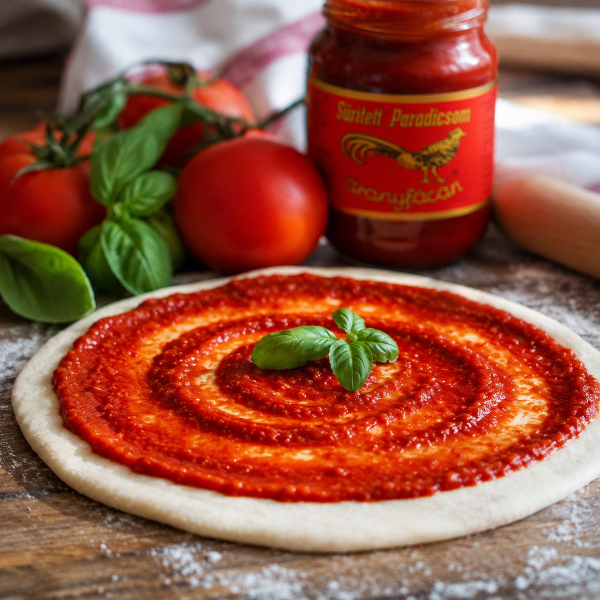 Pizza sauce made with tomato concentrate spread on pizza dough and topped with basil leaves.