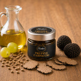 Jar of truffle carpaccio with truffle slices and oil on a wooden surface