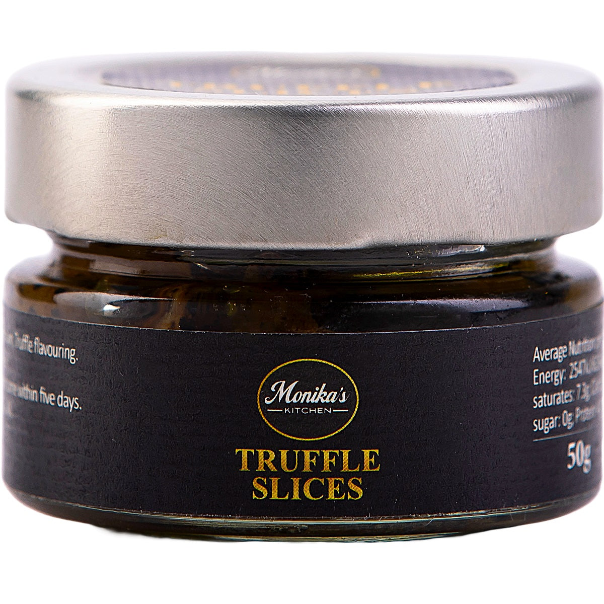 A jar of truffle carpaccio, containing shavings of truffle slices in oil.