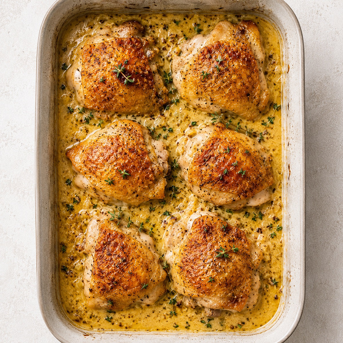 Baked chicken thighs in a creamy truffle mustard sauce with herbs in a metal baking dish.