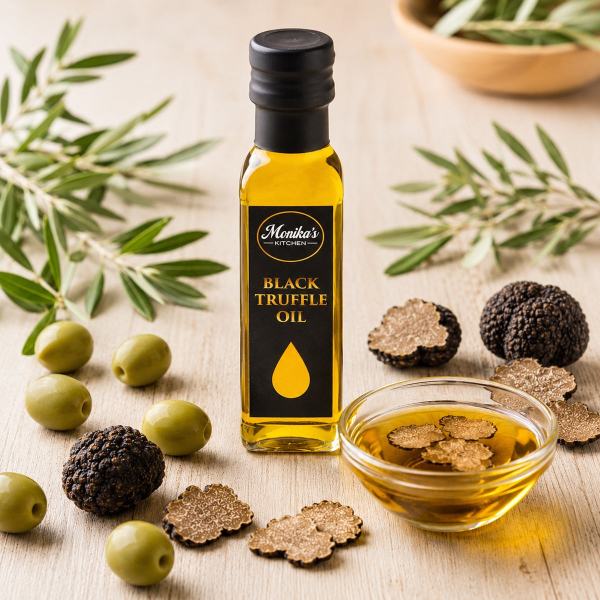 Bottle of truffle oil, made by infusing extra virgin olive oil with slices of the best black summer truffles.