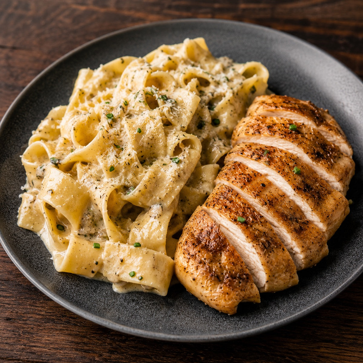 Plate of truffle pasta and sliced chicken breast on a wooden table.