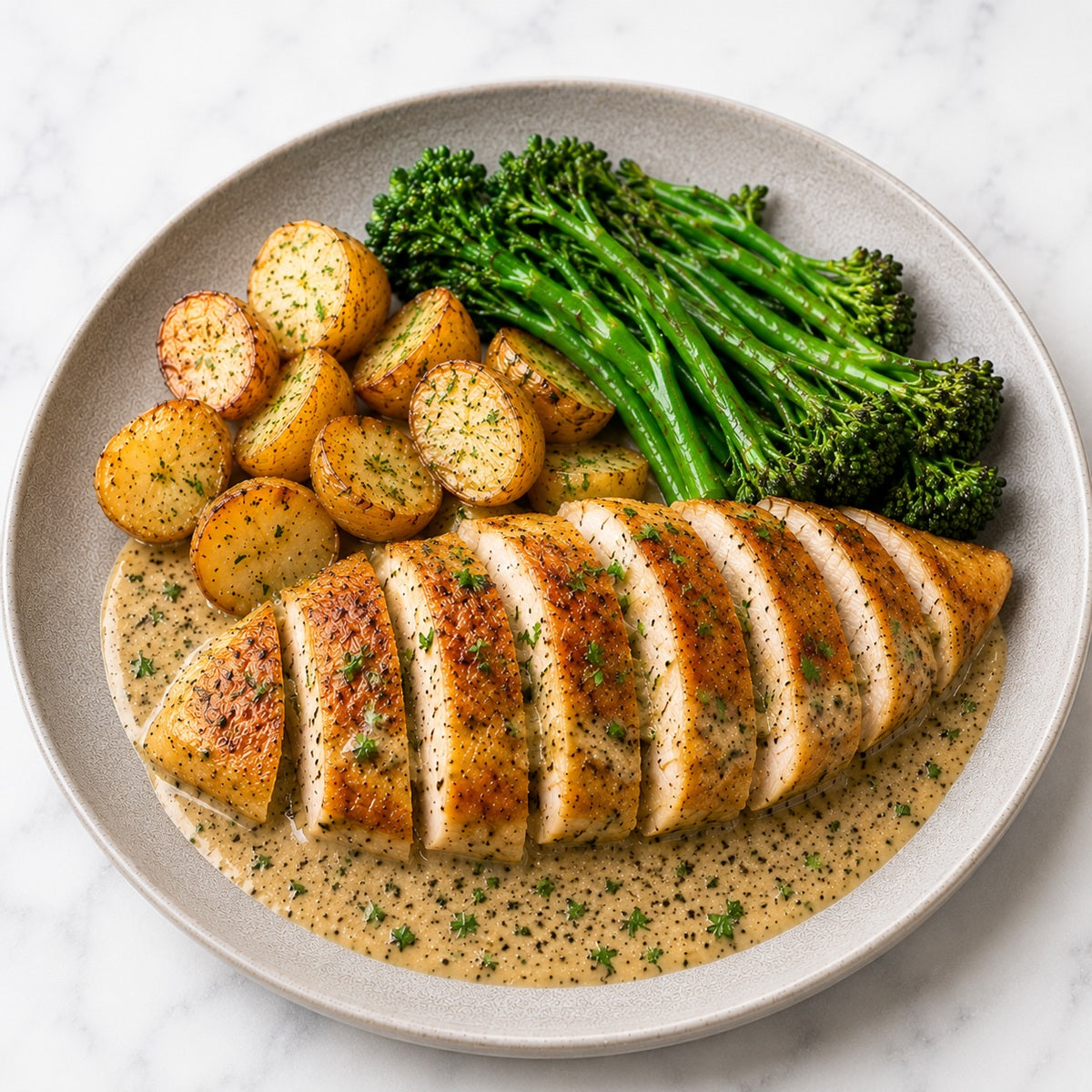 Plated dish with sliced roasted chicken in a truffle pesto sauce, roasted potatoes, and broccolini.