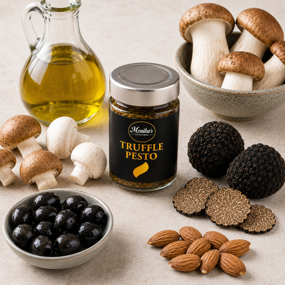 Jar of truffle pesto with its ingredients: black truffles, mushrooms, olives, olive oil, and almonds.