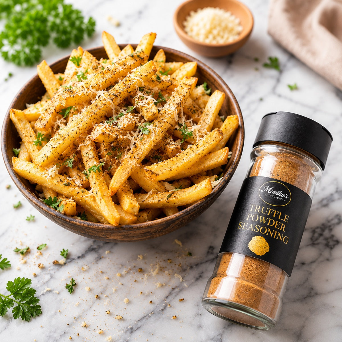 French fries with a dusting of truffle seasoning powder, grated Parmesan and chopped parsley.