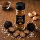 Jar of truffle seasoning with black truffles, salt, garlic and carob powder.