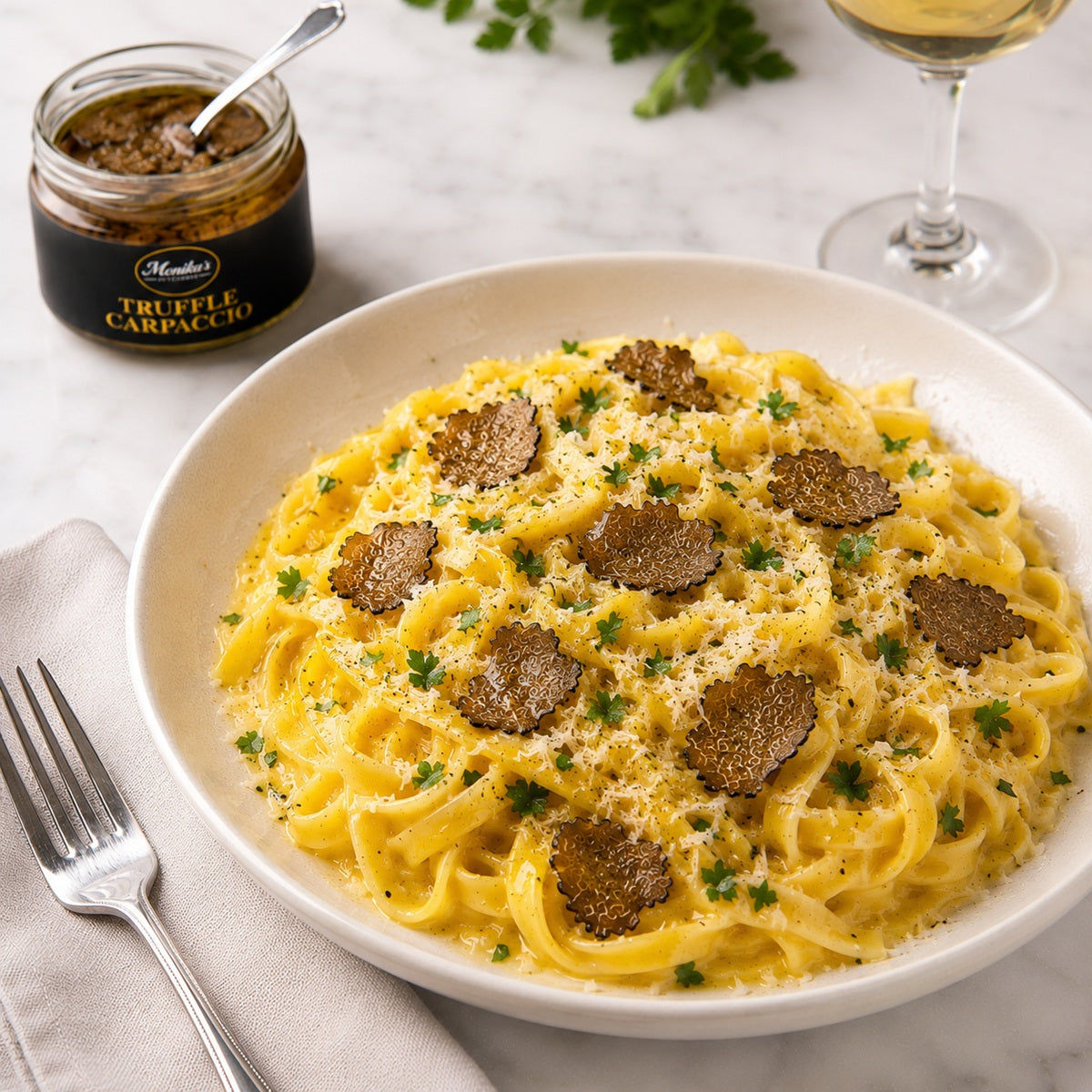 Plate of pasta with truffle slices, jar of truffle carpaccio, and glass of white wine on a marble surface.