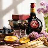 Unicum Szilva bottle with a glass on a table with plums and flowers