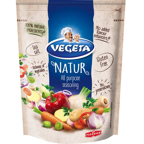 A packet of Vegeta Natur, an all-purpose seasoning blend made from dried vegetables.