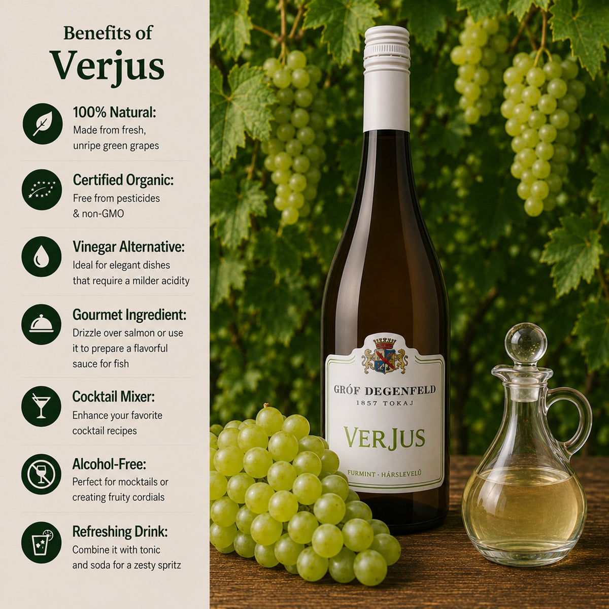 Infographic showing the health and nutritional benefits of using verjus, also known as verjuice.