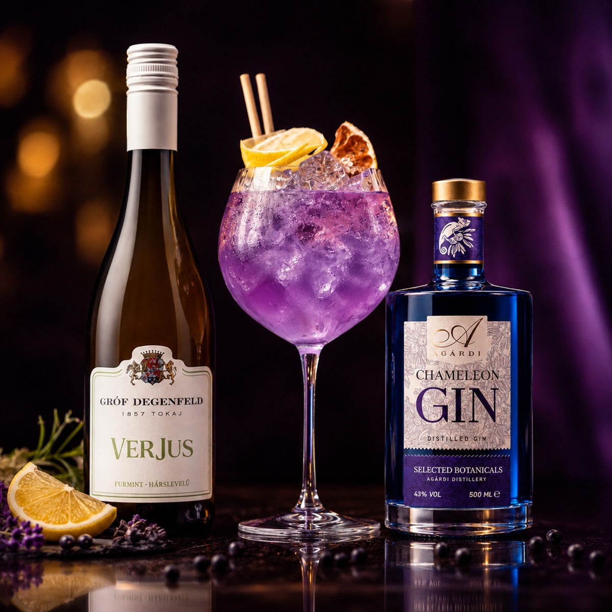 Purple cocktail made with verjus and colour-changing gin, served with lemon and ice.