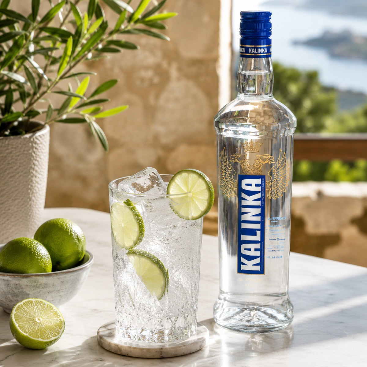 A bottle of Kalinka vodka with a glass of vodka and tonic made with tonic water and lime wedges on a table outdoors.